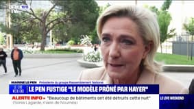 Européennes: Marine Le Pen fustige "le modèle européen prôné par Valérie Hayer", en déplacement à Madrid