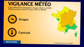 52 départements sont placés en vigilance orange pour orages et/ou canicule par Météo-France, le 19 juin 2022