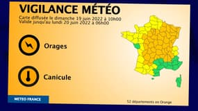 52 départements sont placés en vigilance orange pour orages et/ou canicule par Météo-France, le 19 juin 2022