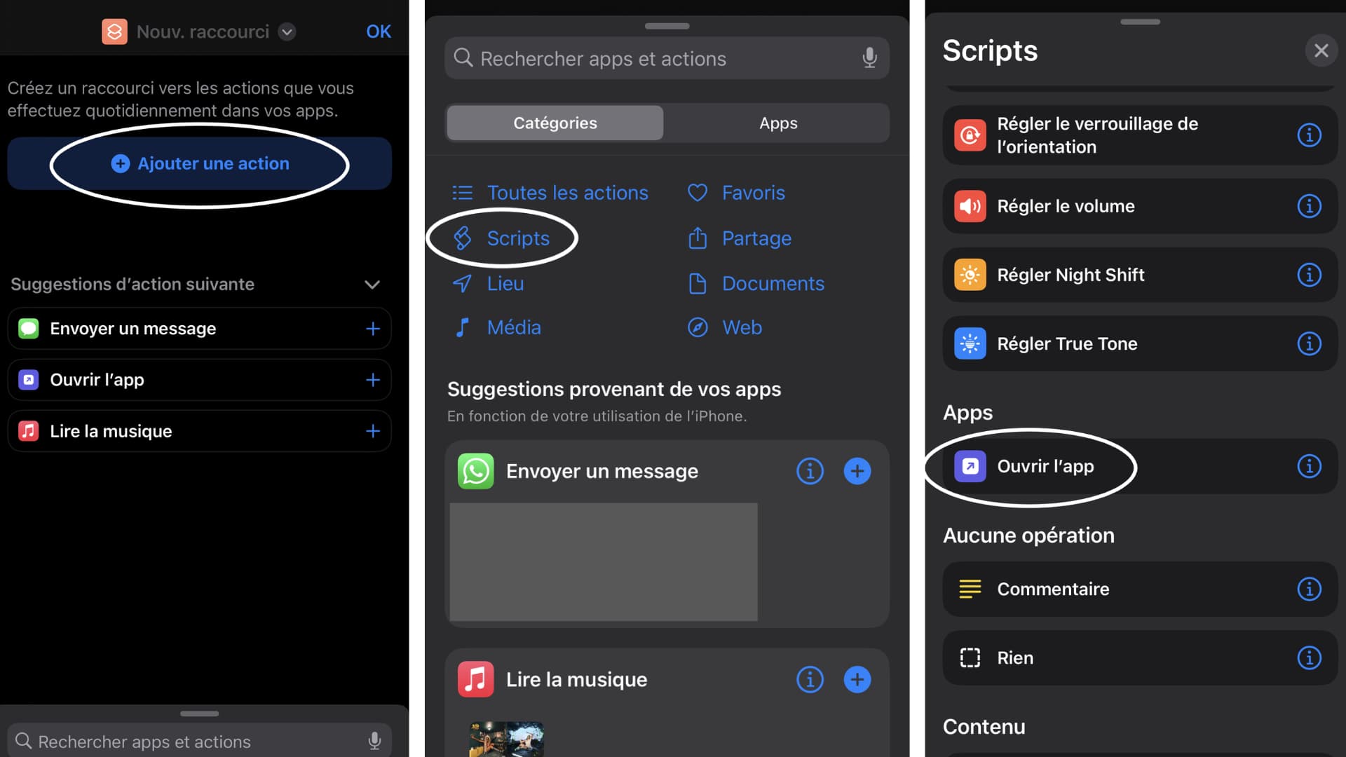 Après avoir cliqué sur "Ajouter une action", il faut retrouver le script "Ouvrir l'app"