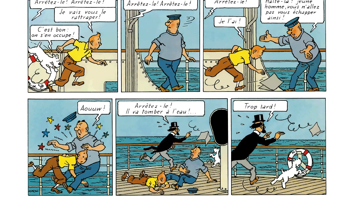 La séquence de la course-poursuite sur le ponton du bateau dans la BD "Les Cigares du Pharaon" La séquence de la course-poursuite sur le ponton du bateau dans la BD "Les Cigares du Pharaon"