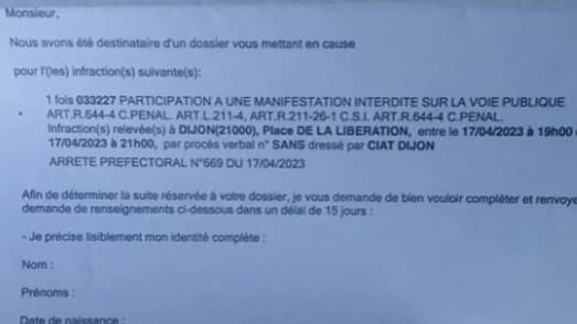 Un courrier reçu par un manifestant dijonnais.