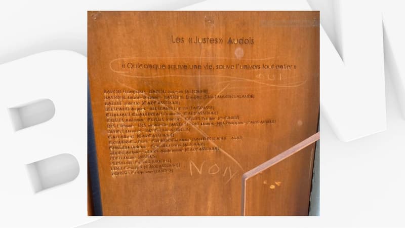 Les dégradations sur la stèle dédiée aux "Justes parmi les Nations", ces citoyens ayant protégé des Juifs durant la Shoah, installée à proximité de la cathédrale de Carcassonne, partagées sur Facebook le 15 novembre 2024.