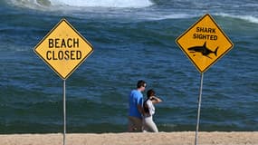 Des panneaux indiquent qu'une plage est fermée après qu'un surfeur a été tué par un requin à Sydney, en Australie, le 6 septembre 2025