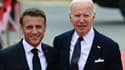 Le président français Emmanuel Macron (à gauche) et son homologue américain Joe Biden le 6 juin 2024 à Saint-Laurent-sur-Mer, en Normandie, dans le nord-ouest de la France