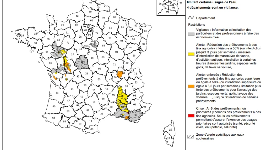 Etats des arrêtés de limitation des usages de l'eau au 6 mai 2022 Etats des arrêtés de limitation des usages de l'eau au 6 mai 2022