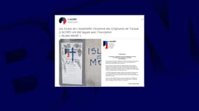 Des tags islamophobes retrouvés sur les murs d'une association turque à Paris.