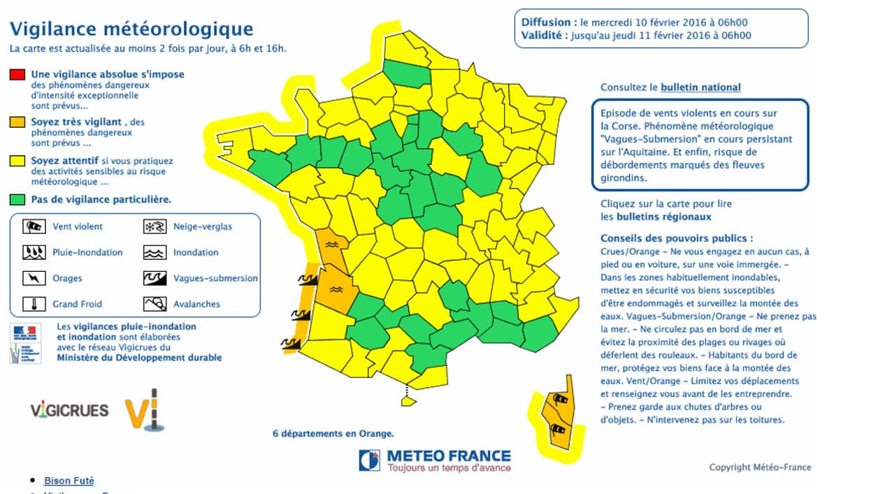 Carte de vigilance diffusée mercredi 10 février par Météo France.