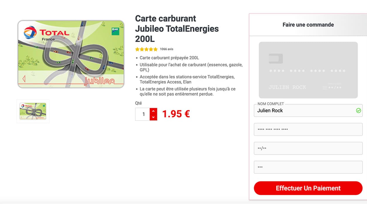 Capture d'écran du site diffusant l'arnaque à la fausse carte carburant Capture d'écran du site diffusant l'arnaque à la fausse carte carburant