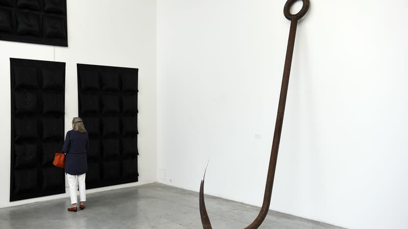 Une femme observe l'oeuvre "Monochrome respirants", de l'artiste Pablo Reinoso, à La Maison rouge.