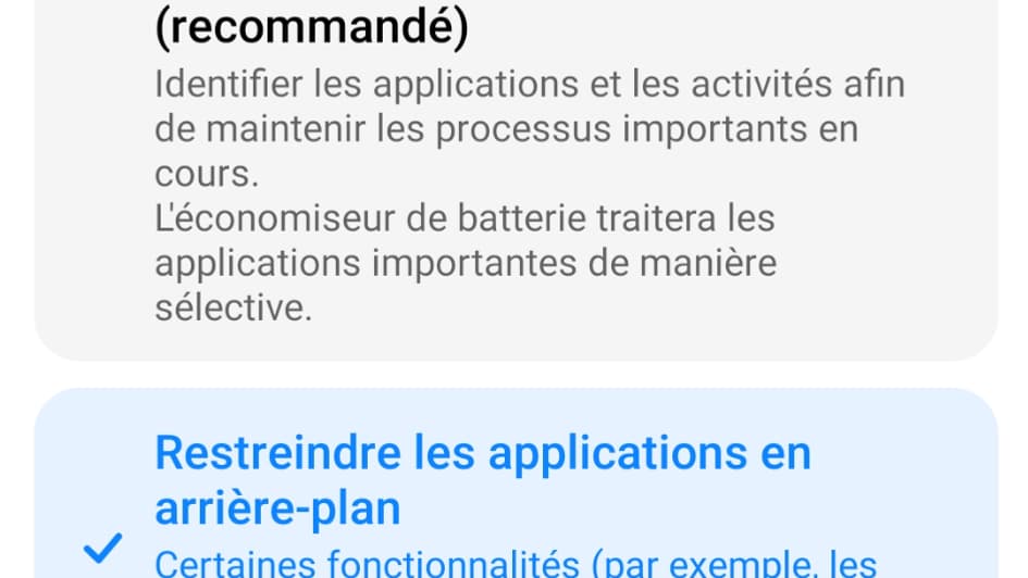 Capture d'écran "restreindre l'activité en arrière-plan"