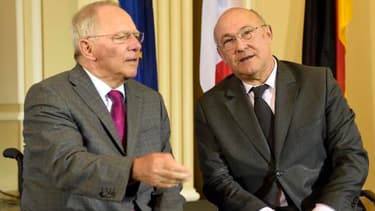 Wolfgang Schäuble ( à gauche) et Michel Sapin ( à droite) ce lundi 7 avril.
