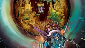 Détail de l'affiche de l'exposition "Plus loin" consacrée à la science-fiction à la Cité de la BD à Angoulême, en janvier 2025.