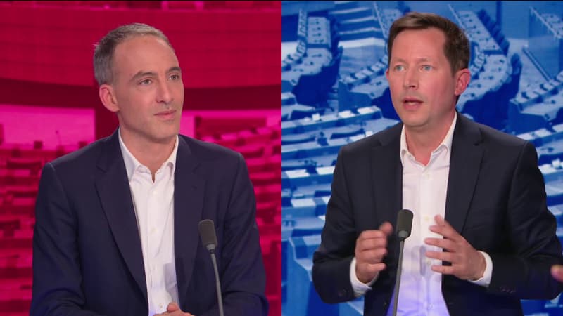 Raphaël Glucksmann et François-Xavier Bellamy lors d'un débat organisé par BFMTV le 14 avril 2024 dans le cadre des élections européennes. 