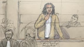 Ce dessin réalisé le 10 février 2025 montre Brahim Aouissaoui lors de son procès au Palais de justice de Paris dans lequel il est accusé d'être l'auteur de la l'attentat de la basilique de Nice 2020, dans le cadre d'une entreprise terroriste.