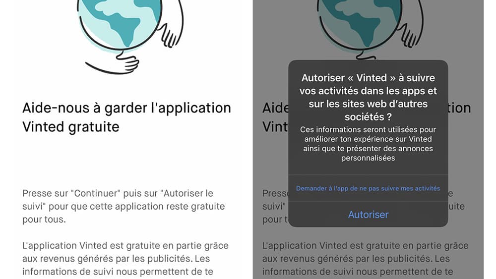 Capture d'écran du message d'avertissement de Vinted sous iOS 14.5 Capture d'écran du message d'avertissement de Vinted sous iOS 14.5