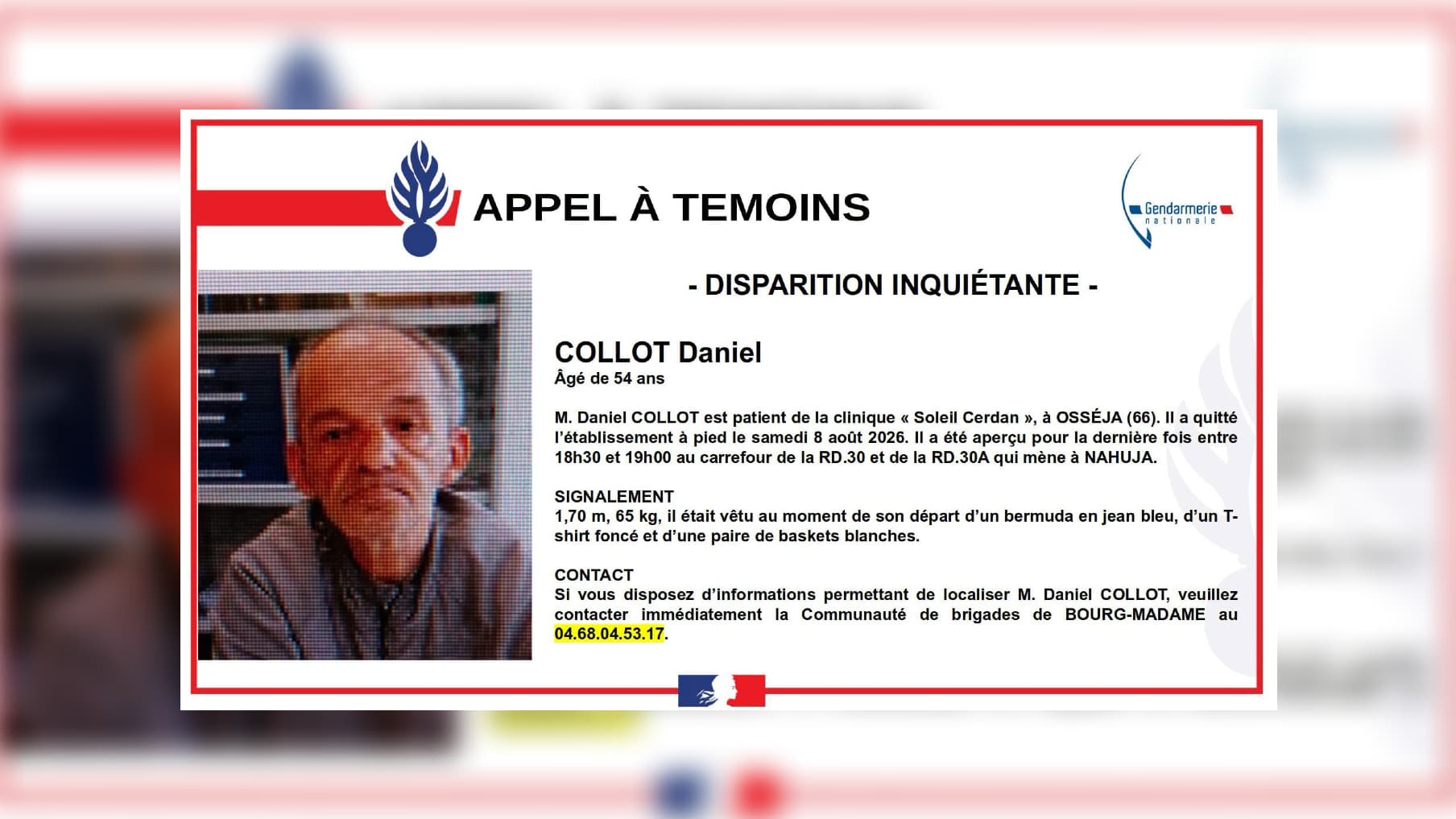Un appel à témoins lancé dans les Pyrénées-Orientales après la disparition inquiétante d'un homme de 54 ans