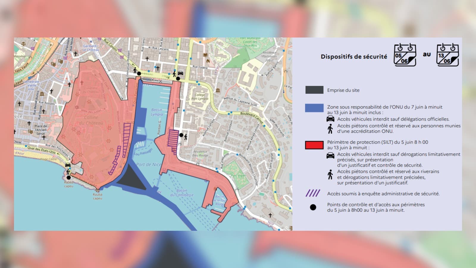 La zone bleue de sécurité lors de la conférence des Nations unies sur les océans à Nice, du 7 au 13 juin 2025.