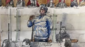 Ce portrait-robot réalisé le 28 novembre 2023 montre Monique Olivier, l'ex-femme du tueur en série Michel Fourniret, dans la salle d'audience lors de son procès à la cour d'assises de Nanterre, en banlieue parisienne.