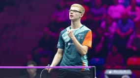 Le pongiste Félix Lebrun lors du WTT Champions de Francfort en Allemagne, le 3 novembre 2024 