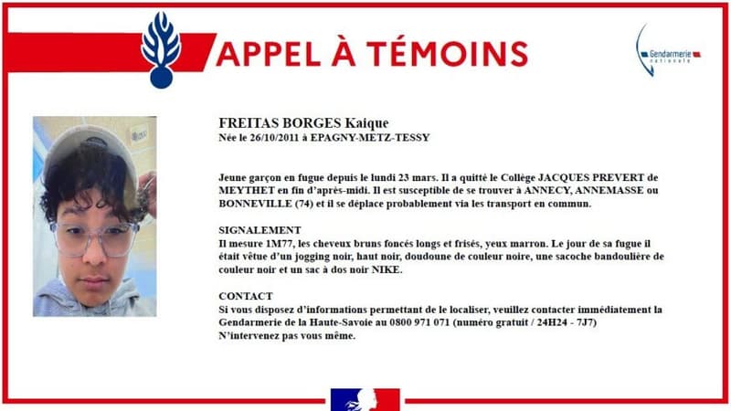 Un adolescent de 14 ans porté disparu près d’Annecy, un appel à témoins lancé par la gendarmerie
