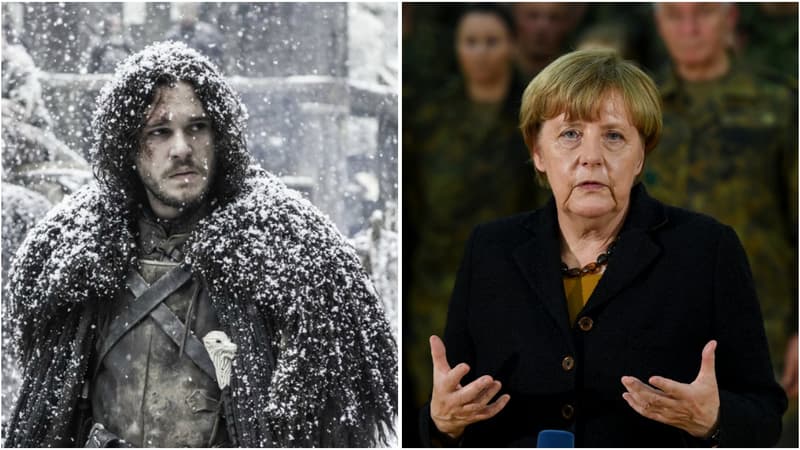 Jon Snow (Kit Harington), héros de la série "Game of Thrones" et la chancelière allemande Angela Merkel.