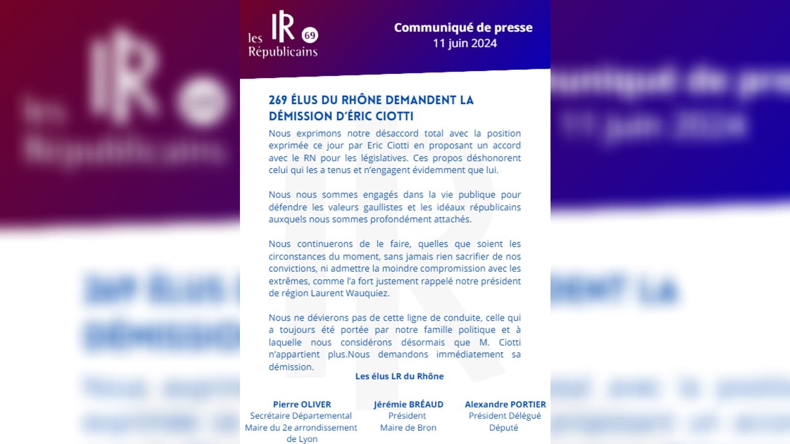 La tribune de 269 élus du Rhône, opposés à l'alliance entre LR et RN annoncée le 11 juin par Éric Ciotti. La tribune de 269 élus du Rhône, opposés à l'alliance entre LR et RN annoncée le 11 juin par Éric Ciotti.