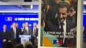 Affiche de Nicolas Sarkozy lors des voeux de l'UMP au siège parisien du parti. Le chef de l'Etat a demandé mercredi à son gouvernement, lors du premier conseil des ministres de 2012, de travailler jusqu'à l'élection présidentielle du printemps prochain ma