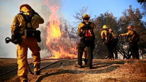 Des pompiers combattent l'incendie à un campement de l'Armée du salut, le 10 novembre 2018 à Malibu. 