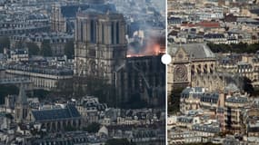 Notre-Dame de Paris avant et pendant l'incendie du 15 avril.