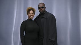 Teddy Riner et sa compagne Luthna Plocus lors de la Fashion Week, à Paris, le 3 mars 2024.