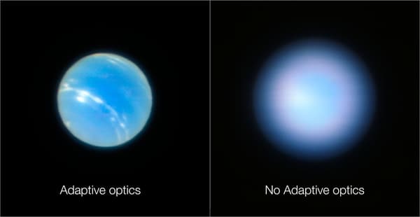 Comparaison entre des clichés pris par le Très Grand Télescope (VLT) avec la technologie d'optique adaptative (à gauche) et sans (à droite). 