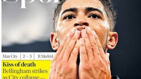 "Le baiser de la mort" de Jude Bellingham en une du cahier Sports du Telegraph, le 12 févroer 2025 au lendemain de Manchester City-Real Madrid (2-3)
