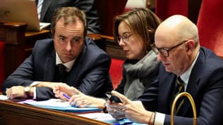 Sébastien Lecornu, Amélie de Montchalin et Roland Lescure sur les bancs de l'Assemblée nationale le 13 janvier 2026.