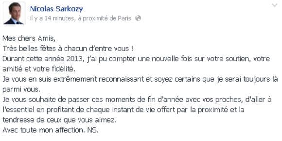 Le message de Nicolas Sarkozy publié mardi midi.