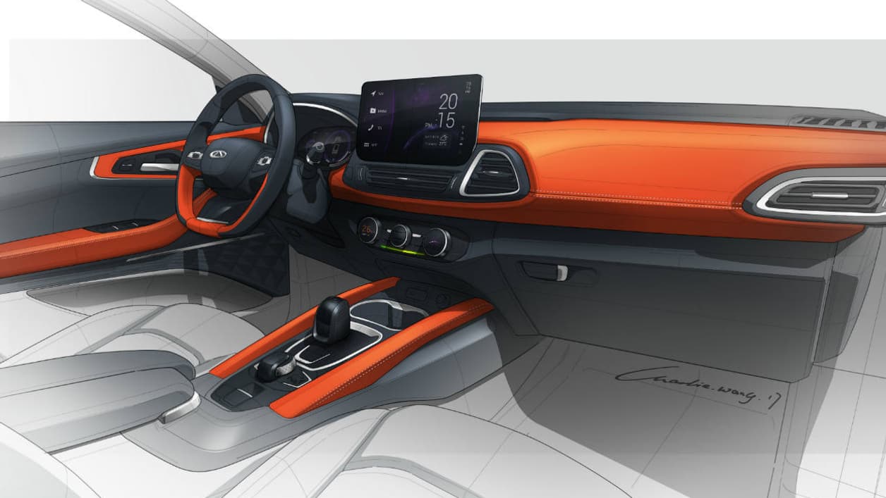 Une esquisse de la planche de bord du Chery M31T.