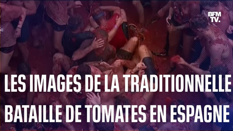 Les images de la traditionnelle bataille de tomates, la Tomatina, à Buñol en Espagne