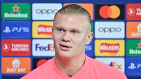 Erling Haaland en conférence de presse avant Manchester City-Copenhague, le 5 mars 2024