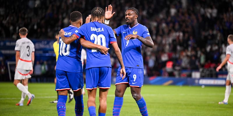 Bradley Barcola, Kylian Mbappé et Marcus Thuram lors de France-Islande, le 9 septembre 2025