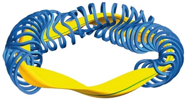 Bobines magnétiques (en bleu) et plasma (en jaune) d'un réacteur de type "stellarator". Bobines magnétiques (en bleu) et plasma (en jaune) d'un réacteur de type "stellarator".