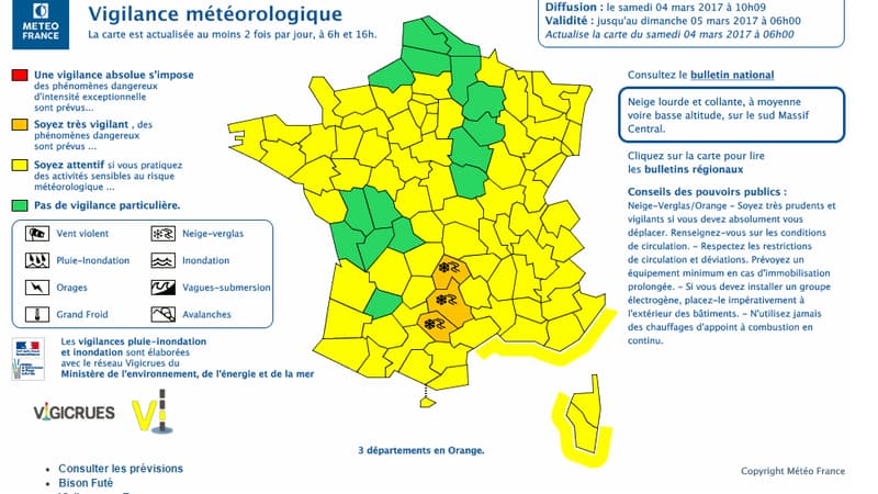 Trois départements ont été placés en alerte orange neige/verglas. 