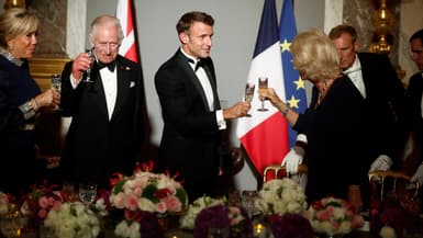 Un toast d'Emmanuel Macron lors du diner d'État avec Charles III le 20 septembre 2023