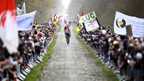 Les coureurs dans la Trouée d'Arenberg sur Paris-Roubaix, le 9 avril 2023
