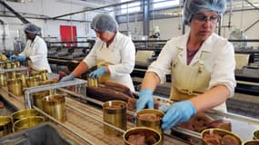 Des employés mettent du thon en boîte le 8 juillet 2013 à la conserverie de poissons Gonidec à Concarneau, dans l'ouest de la France.