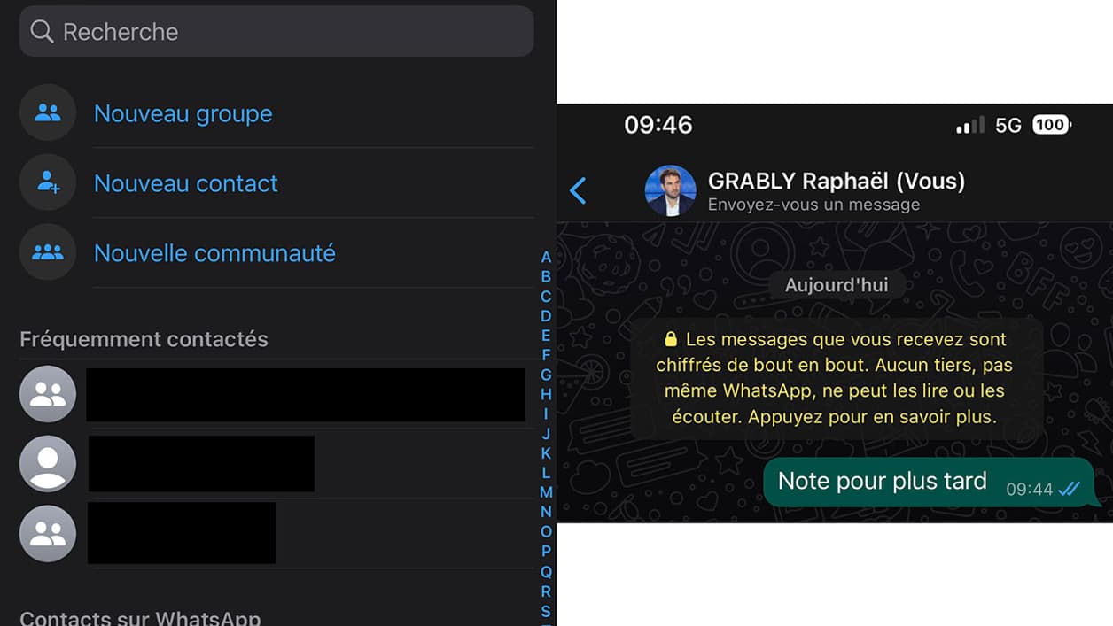 L'option d'envoi de message à soi-même, proposée par WhatsApp L'option d'envoi de message à soi-même, proposée par WhatsApp