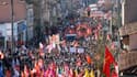 Manifestation contre la réforme des retraites avec les représentants des principaux syndicats à Albi, dans le Tarn, le 16 février 2023