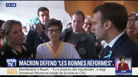 Au CHU de Rouen, Macron vante "les bonnes réformes". "Il faut bouger", dit le président