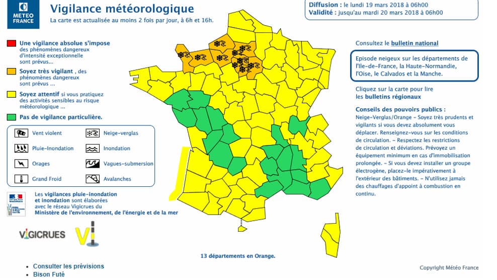 Les 13 départements en vigilance orange Les 13 départements en vigilance orange