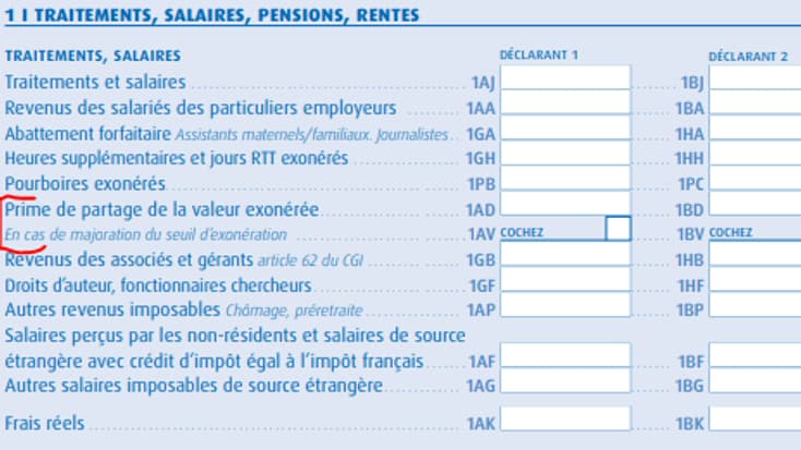 La case 1AD pour déclarer une prime de partage de la valeur 