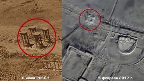 Image tirée d'une vidéo fournie par le ministère russe de la Défense, le 13 février 2017, montrant les nouvelles destructions de sites antiques par les jihadistes de l'EI à Palmyre, en Syrie
